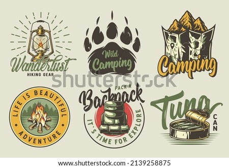 Set of camping and travel emblems or print, patch, including bear footprint, rock, map, campfire, lamp, backpack and tuna fish in tin can