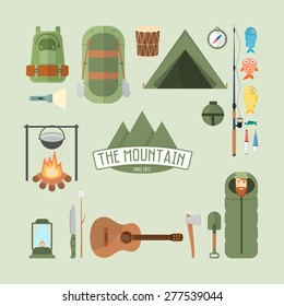 Set of camping and travel equipment symbols, logo and icons: tent, boat, fishing pole, sleeping bag, campfire. Vector flat illustration.