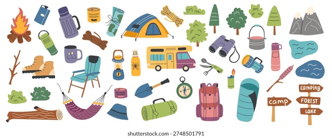 Set of camping, travel and hiking objects isolated on white background. Vector flat cliparts. The concept of travel, camping, hiking and outdoor recreation. Set of camping, travel and hiking objects isolated on white background. Vector flat cliparts. The concept of travel, camping, hiking and outdoor recreation.