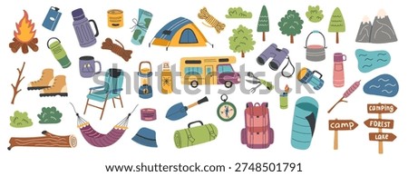 Set of camping, travel and hiking objects isolated on white background. Vector flat cliparts. The concept of travel, camping, hiking and outdoor recreation.