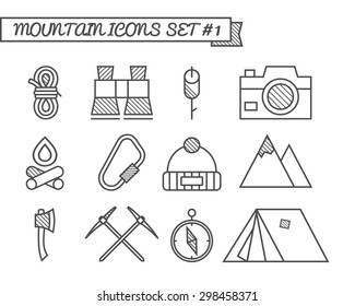 Set of Camping, travel icons, thin line style, flat design. Mountain and climbing theme with touristic tent,  axe and other equipment and elements. Isolated on white background. Vector illustration