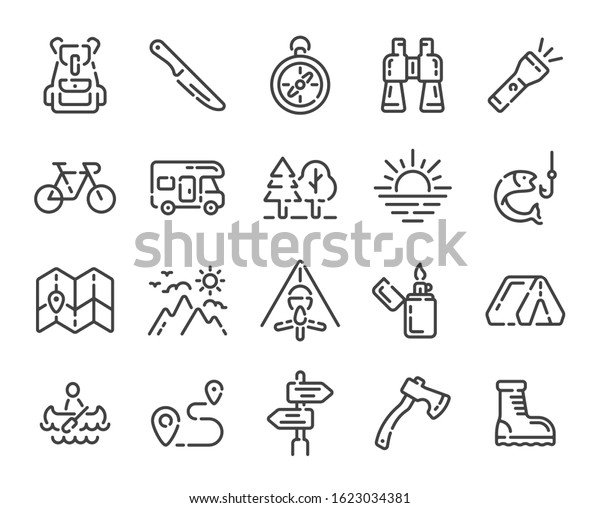 Set of camping trip or hiking outline\
icons. Line vector\
illustration.