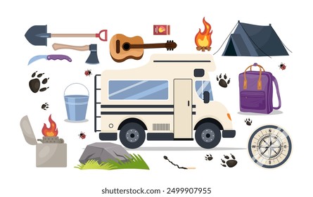 Conjunto de camping. Camión, cubo, fuego y tienda. Estilo de vida activo, viajes y viajes. Senderismo y camping. Equipamiento para viajeros y turistas. Colección plana del Vector aislada en el fondo blanco