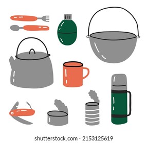 Set Of Camping Utensils. Hand Drawn Flat Style. Vector Illustration.