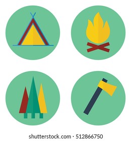 Set of  camping vecroe icons. Contains tent, campfire, axe, trees. 