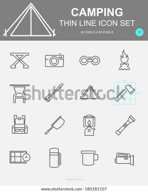 Set of Camping Vector Line Icons.\
Includes camp, bag, compass, fire and more. 50 x 50\
Pixel.