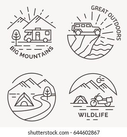 Set of camping vector line logo, badges and emblems.