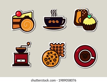 The set can be used for fast food establishments, pastry shops and coffee. Vector illustrations of popular desserts, coffee cups and coffee grinder. Cookies, cake, roll, handmade chocolate.