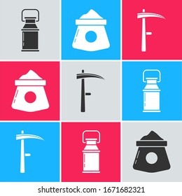 Set Can recipiente para leche, Bolsa de harina e icono Scythe. Vector