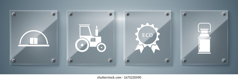 Set Can contenedor para leche, pancarta, etiqueta, etiqueta, logo para eco, Tractor y Hangar. Paneles de vidrio cuadrado. Vector