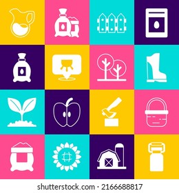 Set Can container for milk, Basket, Waterproof rubber boot, Garden fence wooden, Udder, Pack full seeds plant, Jug glass with and Tree icon. Vector