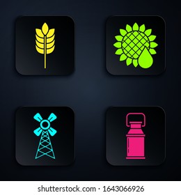 Contenedor de latas para leche, cereales con arroz, trigo, maíz, avena, centeno, molino de viento y girasol. Botón cuadrado negro. Vector