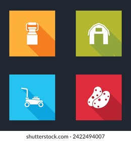 Set Can container for milk, Farm house, Lawn mower and Potato icon. Vector