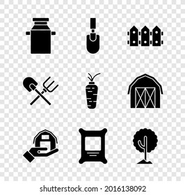 Set Can container for milk, Garden trowel spade shovel, fence wooden, Farm house hand, Fertilizer bag, Tree, Shovel rake and Carrot icon. Vector