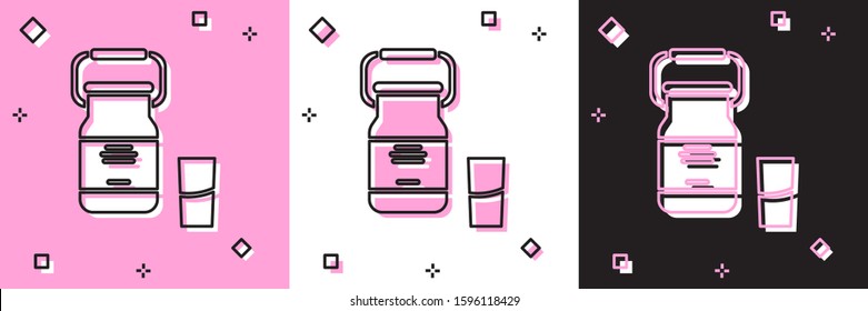 Set Can container for milk and glass icon isolated on pink and white, black background.  Vector Illustration
