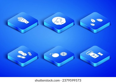 Set Can container for milk, Hand with psoriasis eczema, Orange fruit, Peanut, Inflammation face and Sesame seeds icon. Vector