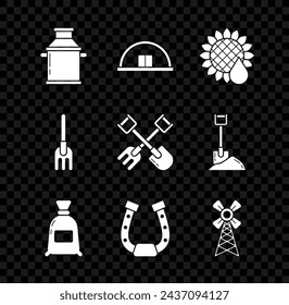 Set Can container for milk, Hangar, Sunflower, Bag of flour, Horseshoe, Windmill, Garden rake and Shovel and icon. Vector