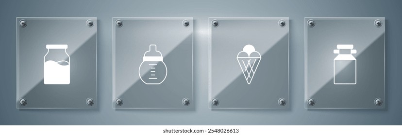 Set Can container for milk, Ice cream waffle cone, Baby bottle and Bottle with. Square glass panels. Vector