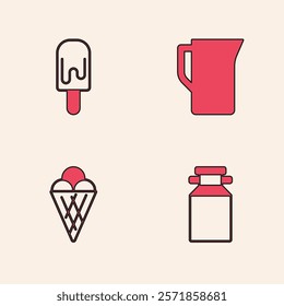 Set Can container for milk, Ice cream, Milk jug pitcher and waffle cone icon. Vector