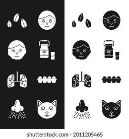 Set Can container for milk, Inflammation face, Sesame seeds, Man with excessive sweating, Lungs, Chicken egg box, Pet and Runny nose icon. Vector