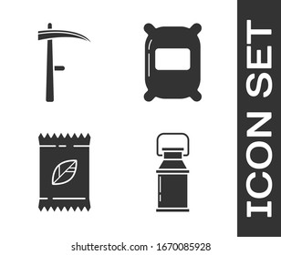 Set Can container for milk, Scythe, A pack full of seeds of a specific plant and Bag of flour icon. Vector