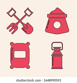 Set Can container for milk, Shovel and rake, Bag of flour and Bag of flour icon. Vector