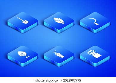 Set Can container for milk, Shovel, Carrot, Tree, Corn and Sickle icon. Vector