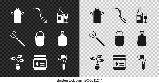 Set Can container for milk, Sickle, Wine bottle with glass, Plant, Pack full of seeds of plant, Wooden axe, Garden pitchfork and Bucket icon. Vector