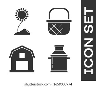 Set Can container for milk, Sunflower, Farm House concept and Shopping basket icon. Vector