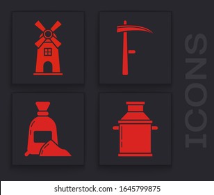 Set Can container for milk, Windmill, Scythe and Bag of flour icon. Vector