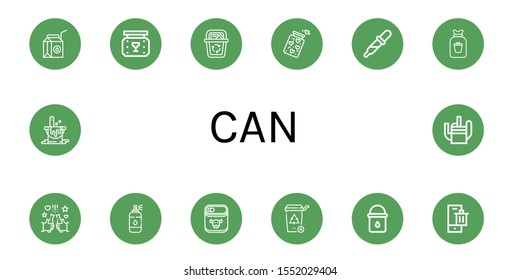 Set of can icons. Such as Milk box, Bar, Recycle bin, Jar, Drop, Rubbish, Beer, Spray, Canned food, Water bucket, Bin, Paint bucket, Watering can , can icons