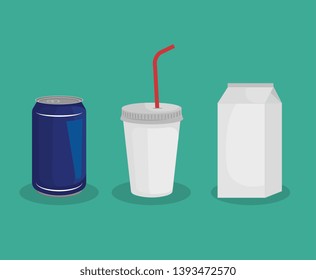 set of can with plastic cup and milk box