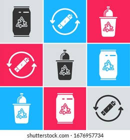 Set Can mit Recycling-Symbol und Dose, Battery mit Recycling-Symbol Linie und Recycling-Dose mit Recycling-Symbol Symbol. Vektorillustration