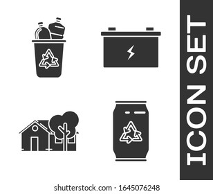 Set Can con el símbolo de reciclaje y lata, Papelera de reciclaje con el símbolo de reciclaje, Casa amigable Eco e icono de batería de Camión. Vector
