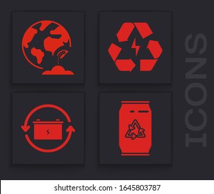 Set Can with recycle symbol and can, Earth globe and plant, Battery with recycle symbol and Battery with recycle symbol icon. Vector