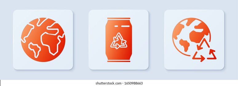 Set Can with recycle symbol and can, Earth globe and Planet earth and a recycling. White square button. Vector
