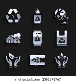 Set Can with recycle symbol and can, Stop ocean plastic pollution, Plant in hand of environmental protection, Plastic bag, Sprout, Eco friendly house, Earth globe plant and Battery icon. Vector