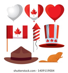 set of canada celebration holiday with ballooons and flag