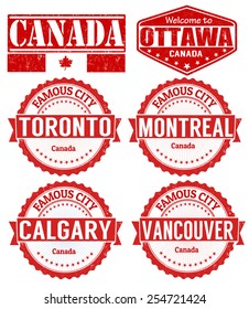 Set of Canada cities stamps on white background, vector illustration