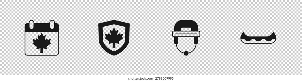 Set Canada day with maple leaf, flag on shield, Hockey helmet and Kayak icon. Vector