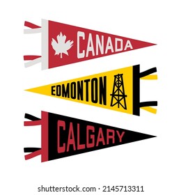 Set of Canada, Edmonton, Calgary pennants. Retro colors labels.  Vintage hand drawn wanderlust style. Isolated on white background. Good for t shirt, mug, other identity. 