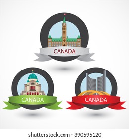 Set of Canada famous monuments. City Hall, Toronto, Saint Joseph's Oratory of Mount Royal and Peace Tower in Ottawa . Flat Vector illustration can be used in web design and travel concepts. Volume 1. 