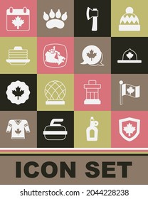 Set Canada flag on shield, Flag of, Canadian ranger hat, Wooden axe, map, Stack pancakes, day with maple leaf and  icon. Vector