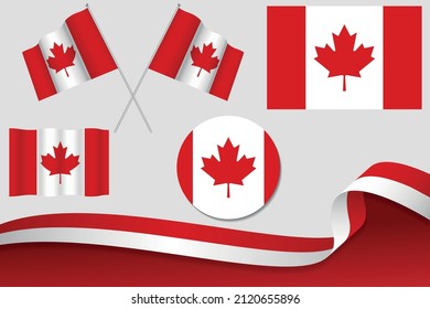 Set Of Canada Flags In Different Designs, Icon, Flaying Flags With ribbon With Background. Free Vector