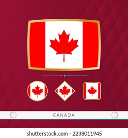 Set of Canada flags with gold frame for use at sporting events on a burgundy abstract background. Vector collection of flags.