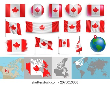 Set of Canada flags of various shapes and maps. Realistic waving Canadian flag on pole, table flag, glossy buttons and highly detailed map, globe with identification of Canada vector illustration