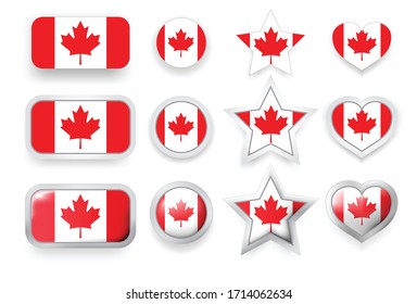 Juego de etiquetas vectoriales de Canadá botón cuadrado, botón circular, estrella y botones cardíacos en colores de bandera rojo, blanco para volante, afiche o cualquier diseño de vacaciones