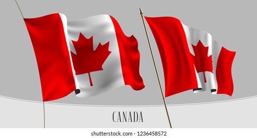 Set of Canada waving flag on isolated background vector illustration. Red white colors of  Canada wavy realistic flag as a patriotic symbol 