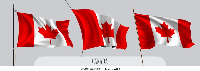 Set of Canada waving flag on isolated background vector illustration. 3 red white Canadian wavy realistic flag as a patriotic symbol 