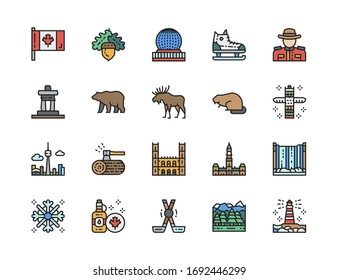 Set of Canadian Culture Color Line Icons. Sports Equipment, Police, Elk and more